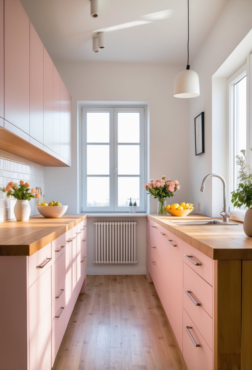 A bright kitchen with pink cabinets and warm wooden countertops, featuring natural light and simple decor.