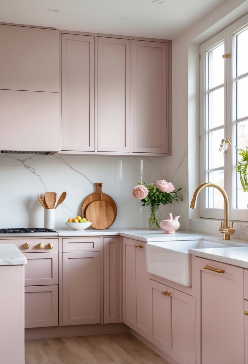 A modern kitchen with baby pink cabinets, white marble countertops, and natural light coming through large windows.