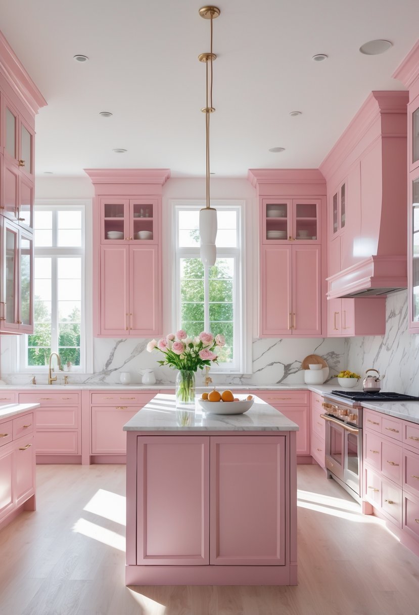 A spacious kitchen with pink cabinets, white marble countertops, stainless steel appliances, and large windows letting in natural light.