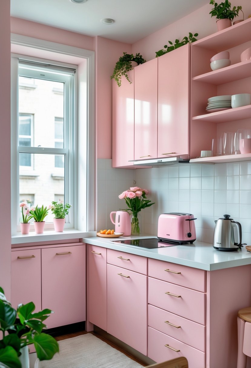 A small apartment kitchen with pink cabinets, white countertops, plants on the windowsill, and pink kitchen appliances.