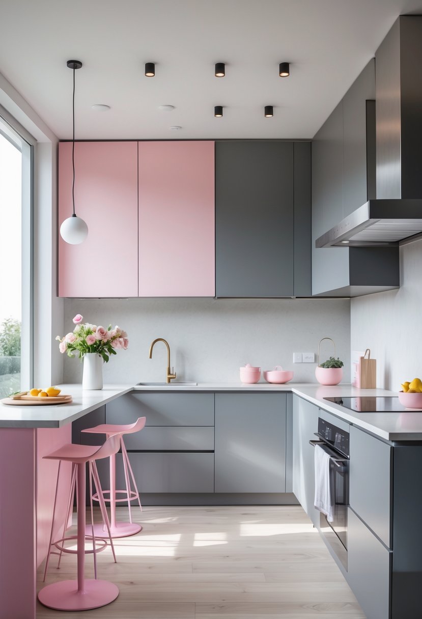 A modern kitchen with grey cabinets and pink accents, featuring a clean countertop and natural light from large windows.