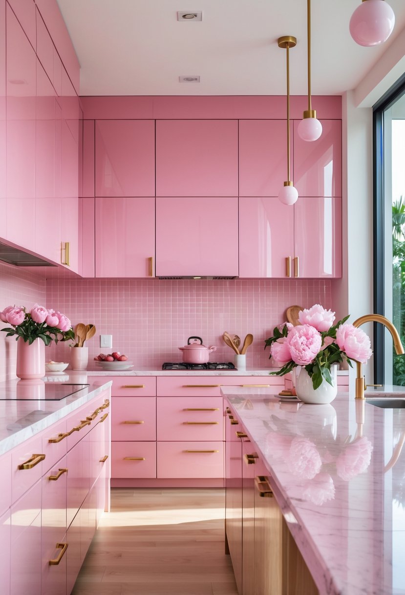A bright kitchen decorated in various shades of pink with modern cabinets, a large island, gold accents, and fresh flowers on the countertop.