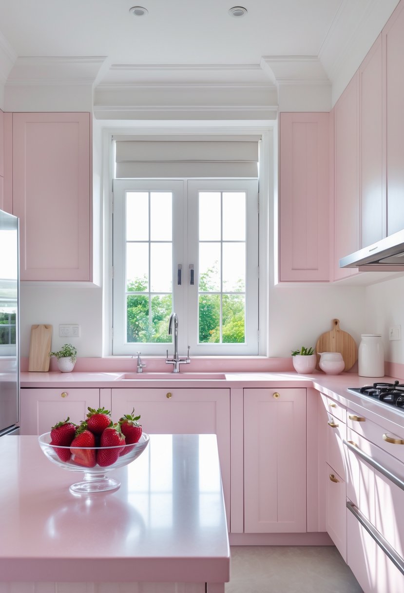 A bright kitchen with pink countertops, white cabinets, stainless steel appliances, and a bowl of strawberries on the counter.