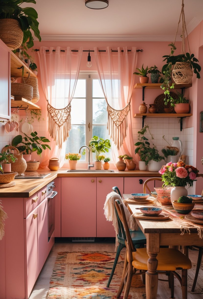 A warm kitchen with pink cabinets, wooden countertops, plants, and a wooden dining table with chairs.