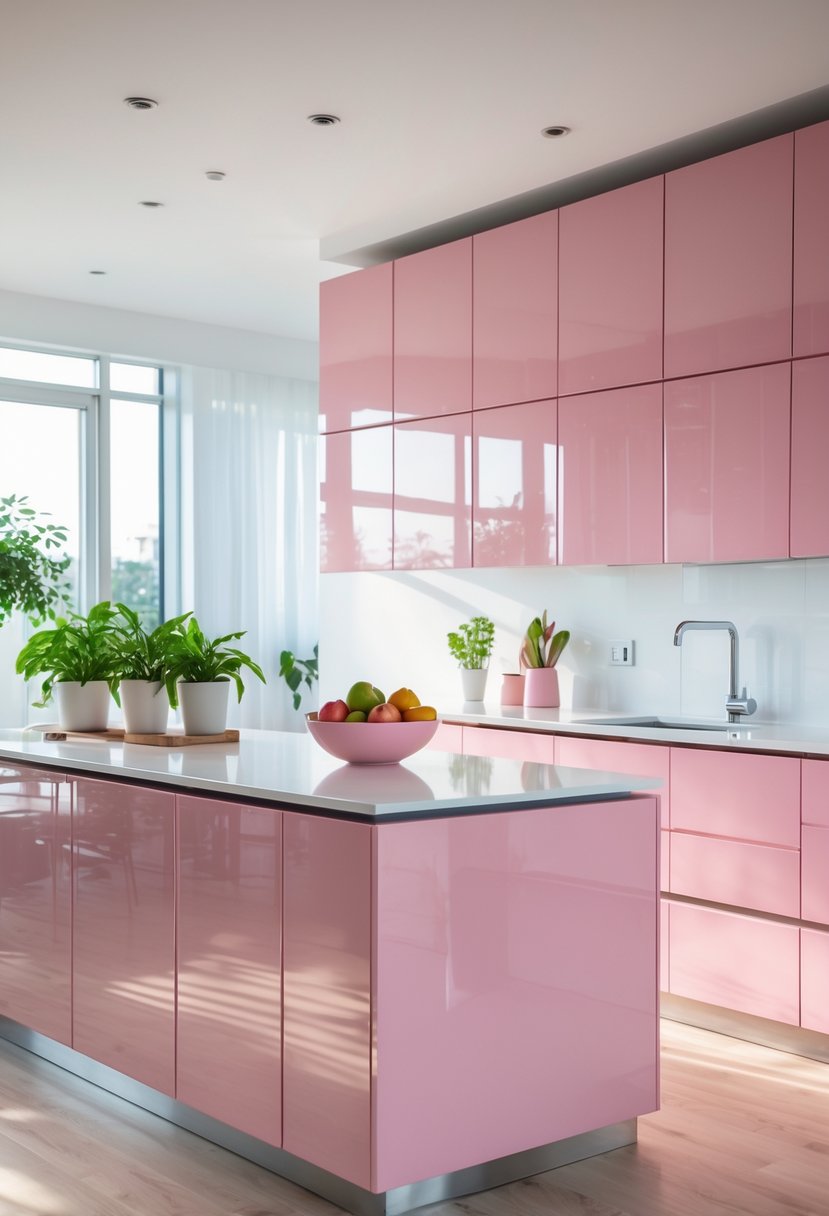 A modern kitchen with pink cabinets, a white countertop island, stainless steel appliances, and natural light coming through large windows.