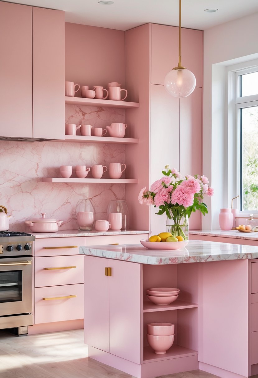 A bright kitchen with pink cabinets, marble countertops, and pink decor accents, including flowers and dishes.