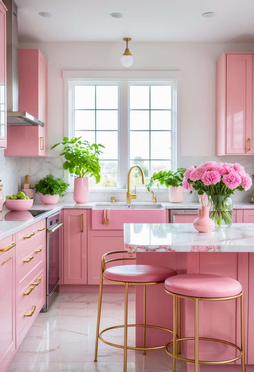 A modern kitchen with pink cabinets, a marble countertop, pink bar stools, and green plants by large windows.