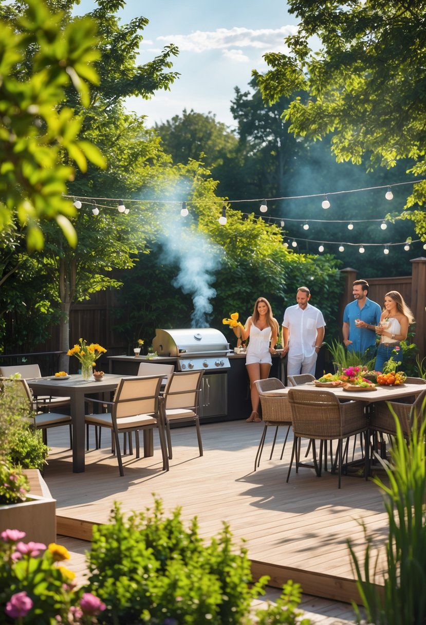 A backyard patio with a wooden deck, outdoor dining table, grill cooking food, plants, and people enjoying a BBQ.
