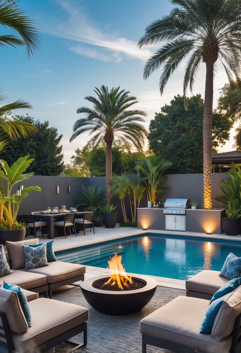 Backyard patio with outdoor seating, a swimming pool, and a barbecue grill surrounded by greenery.