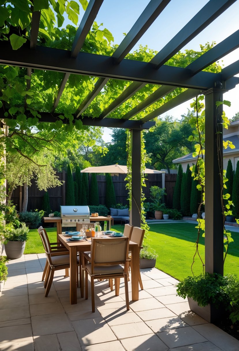 Backyard patio with a pergola providing shade over a dining table set for a barbecue, surrounded by plants and greenery.