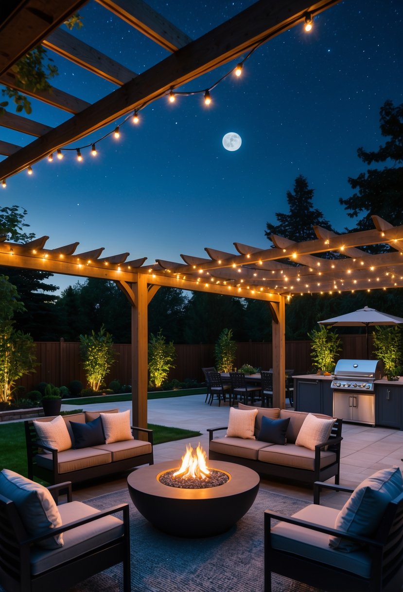 Backyard at night with a wooden pergola, fire pit, outdoor seating, and a BBQ patio area surrounded by plants.