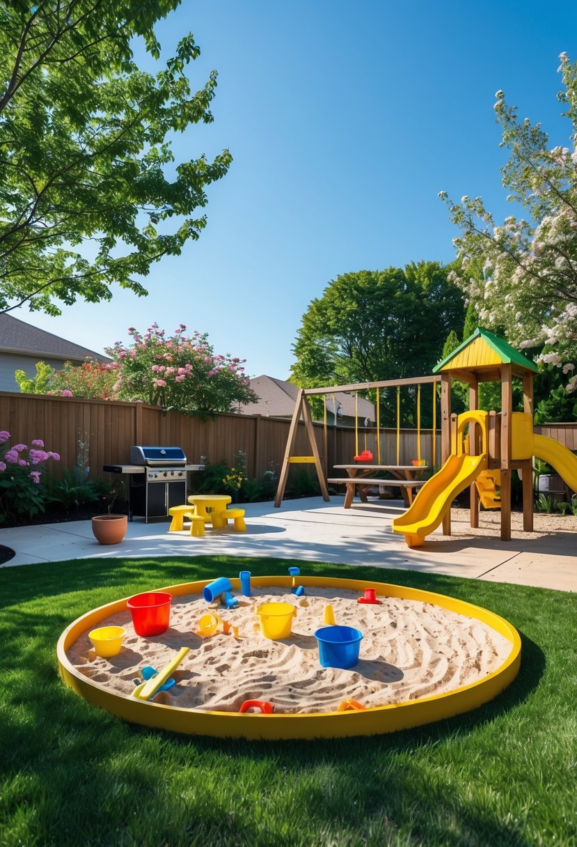 Backyard with a kids' sand play area, playground equipment, and a patio set up for a family barbecue.