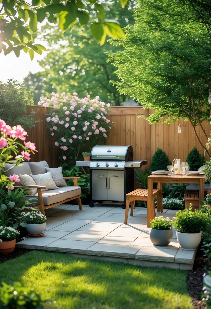 A backyard patio with a barbecue grill surrounded by flowering plants, outdoor seating, and a wooden table set for a meal.