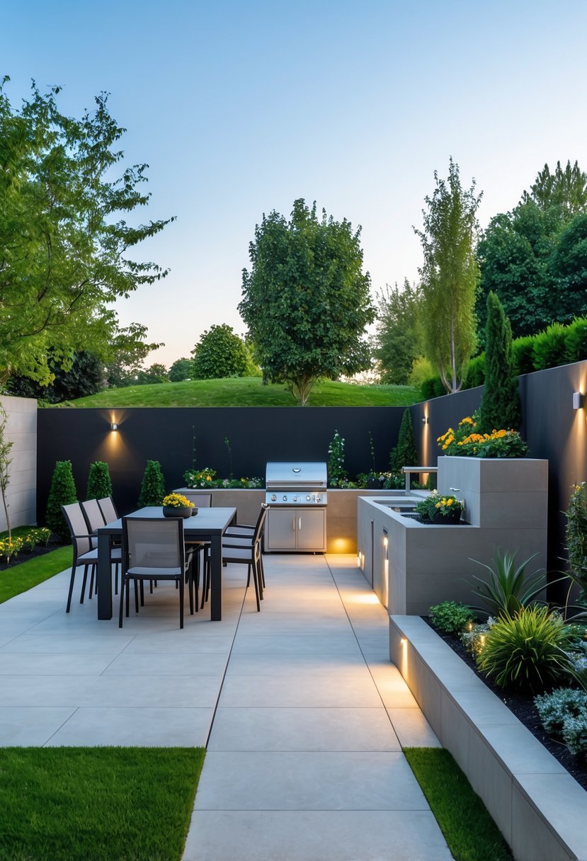 A backyard patio with a dining table, chairs, built-in barbecue grill, green lawn, and plants under a clear sky.