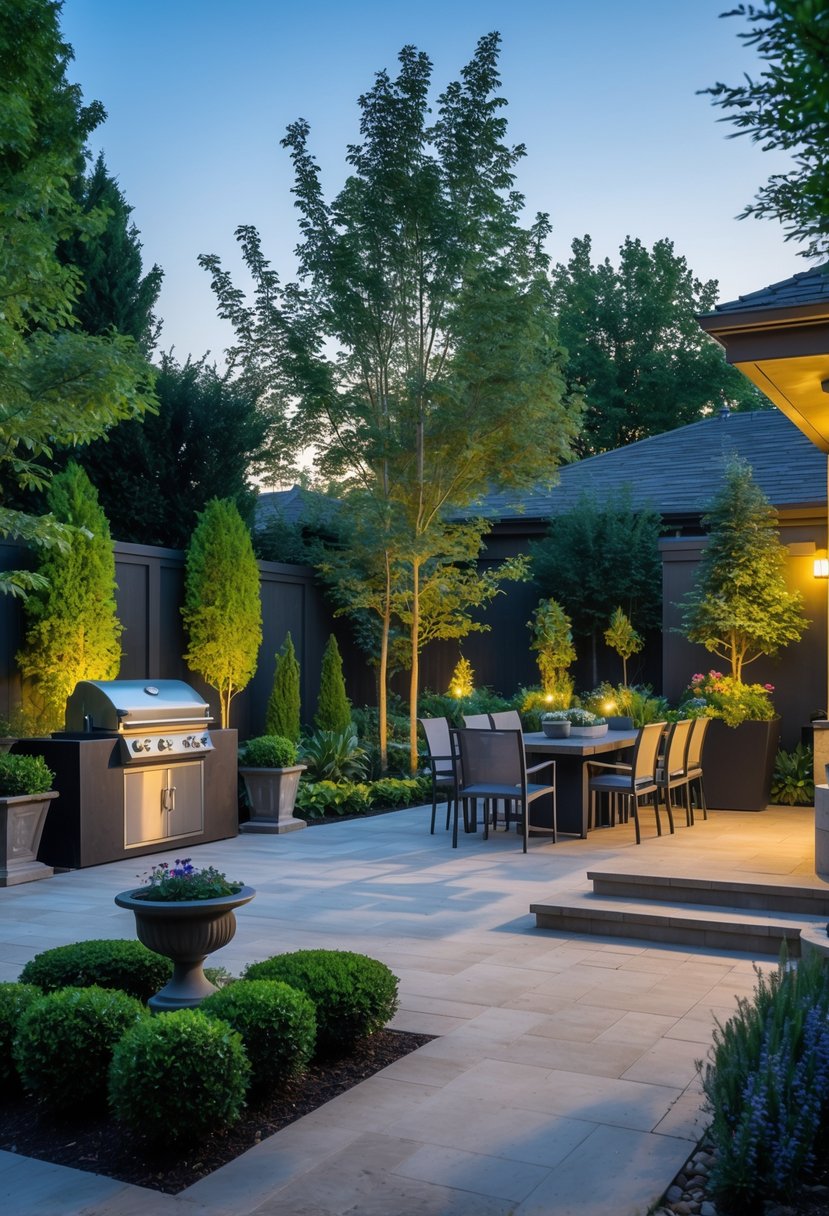 A backyard courtyard with a stone patio, outdoor dining furniture, a barbecue grill, and lush green plants surrounding the area.