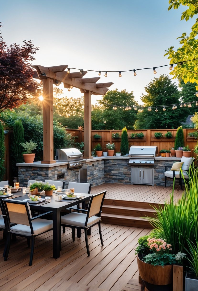 A backyard wooden deck with outdoor seating, a built-in barbecue grill, string lights, and surrounding greenery.