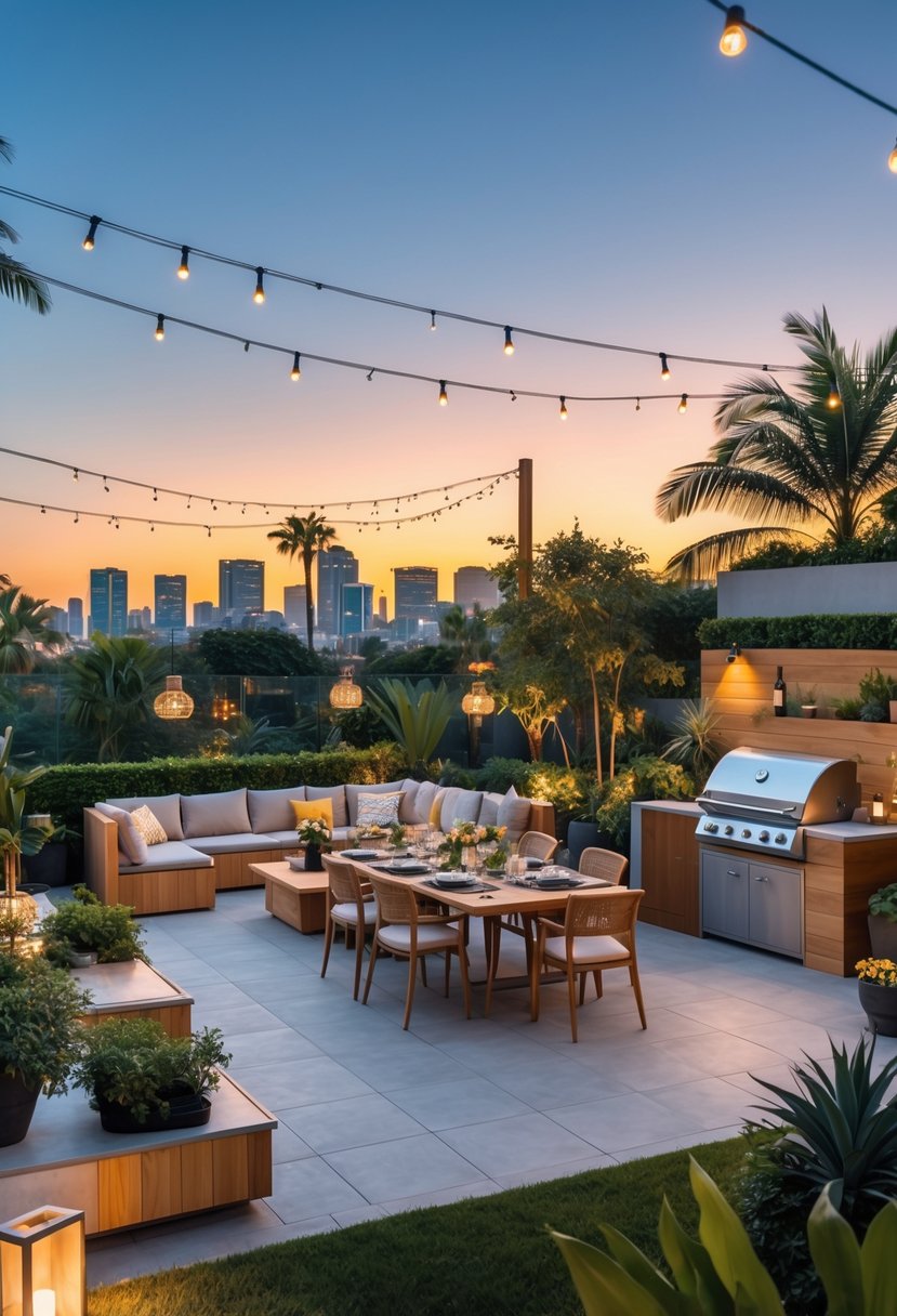 An elevated backyard terrace with a barbecue grill, outdoor seating, dining table, string lights, palm trees, and a city skyline at sunset.