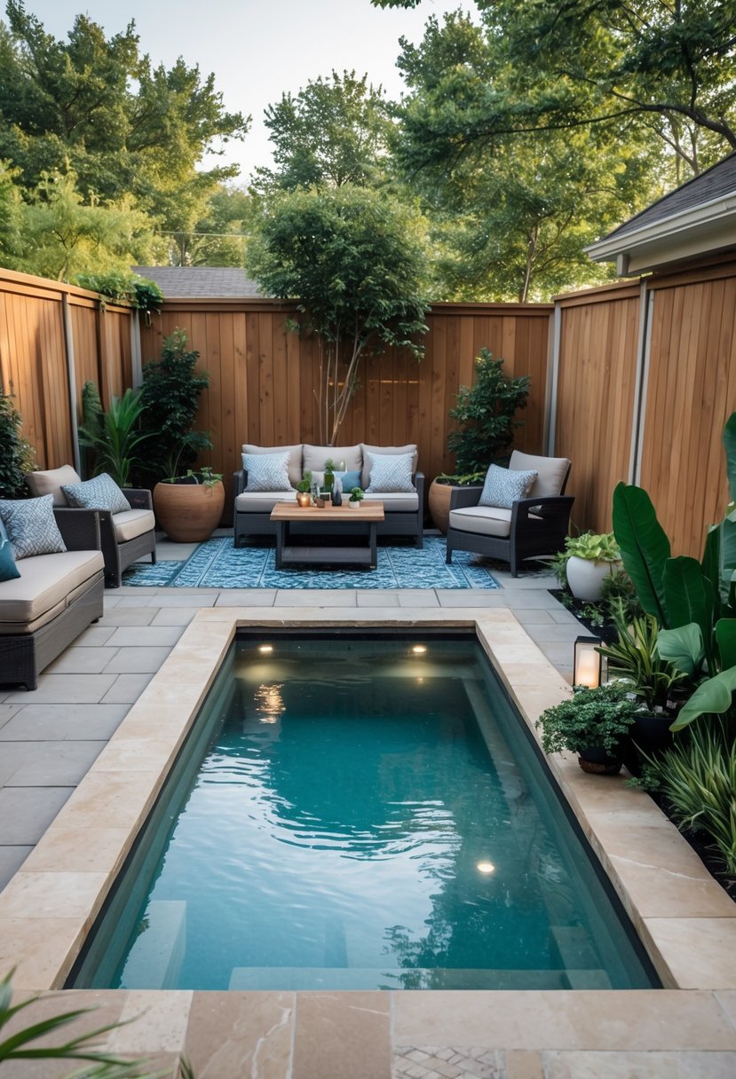 A small backyard with a modern pool, stone patio, outdoor seating, and plants arranged for a cozy BBQ setting.