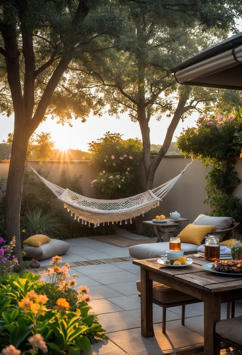 A backyard patio with a hammock between trees, a cozy reading nook with cushions and books, and a wooden table set for a barbecue surrounded by plants and flowers.