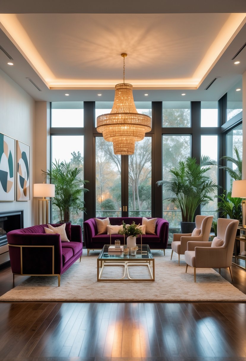 A spacious living room with a velvet sofa, armchairs, a glass coffee table, large windows, artwork on the walls, a chandelier, and indoor plants.