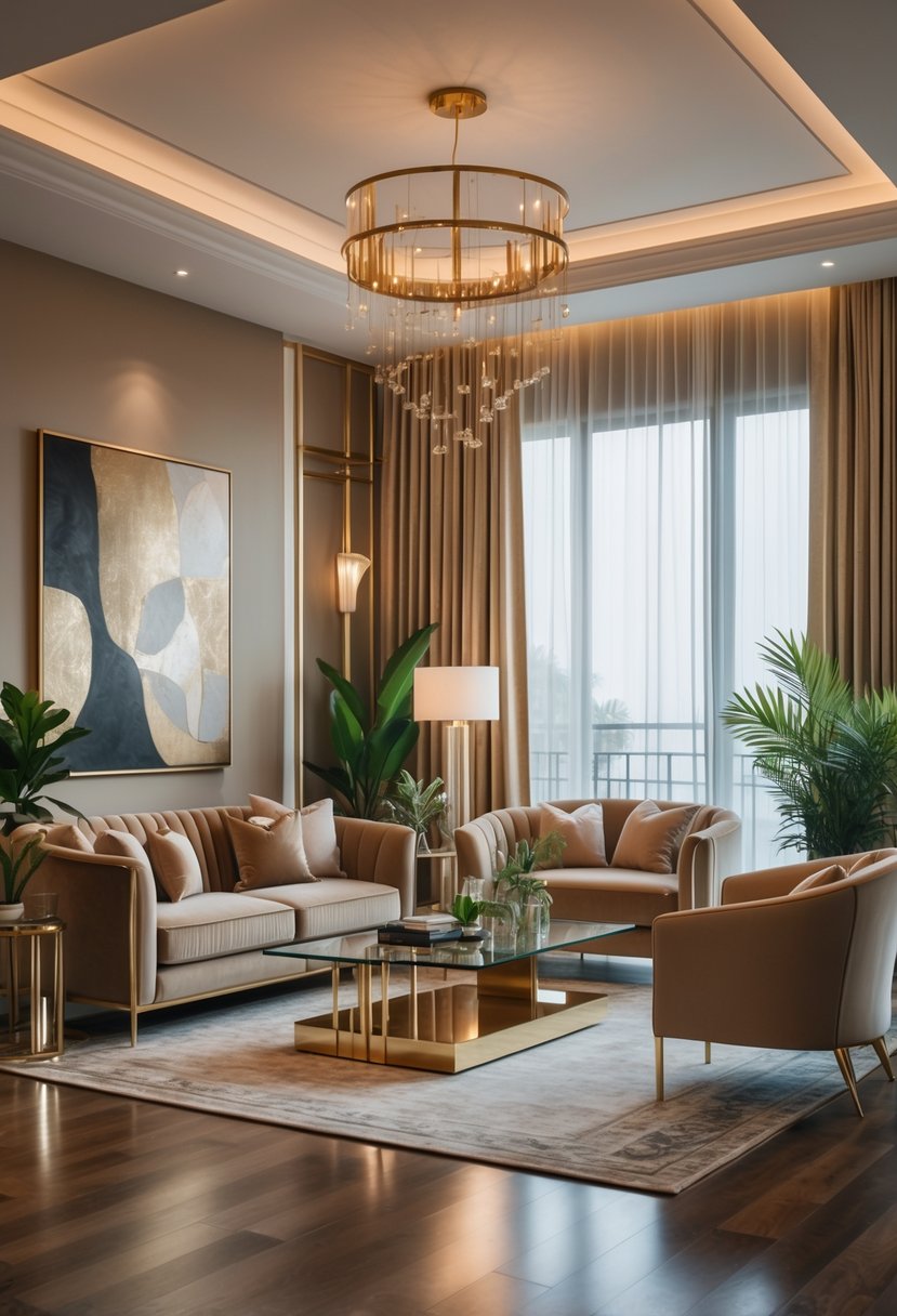 A spacious living room with large windows, comfortable sofas, a glass coffee table, and decorative plants.