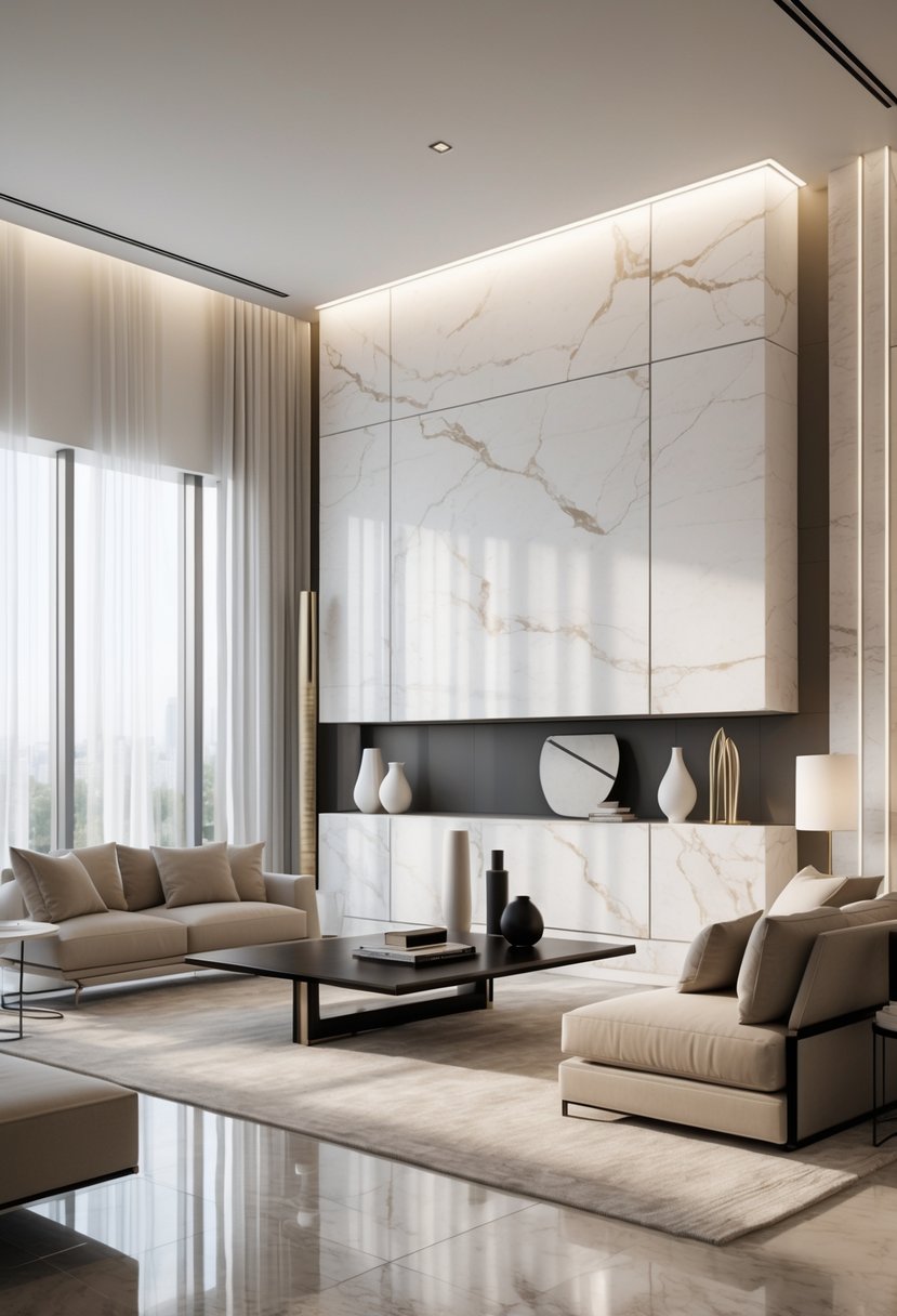 A spacious living room with modern furniture, a marble accent wall, and textured elevated wall panels illuminated by natural light.