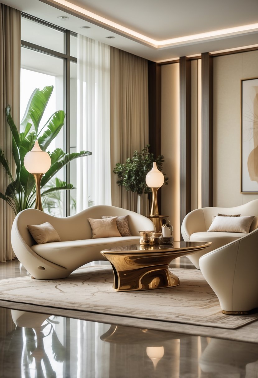 A spacious living room with a modern sofa, coffee table, large windows, and decorative plants.