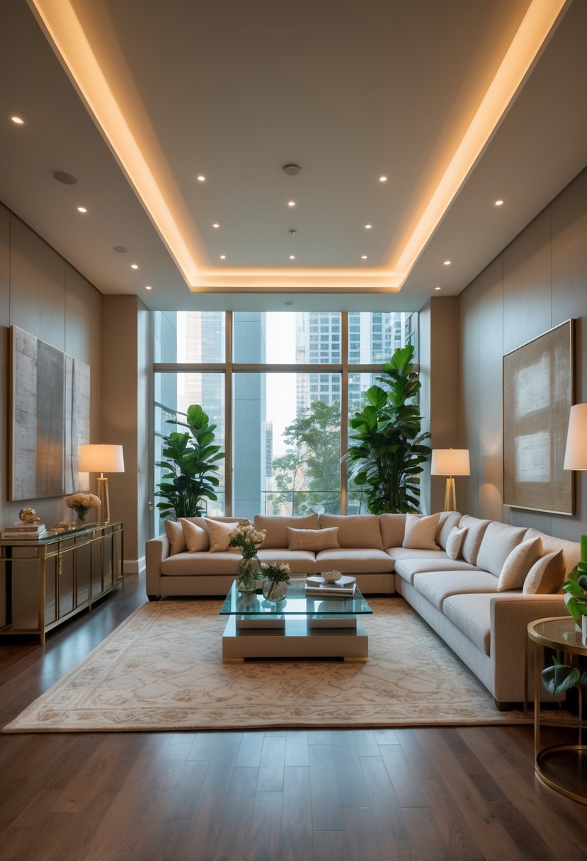 A spacious living room with a large sofa, coffee table, plants, and windows letting in natural light.