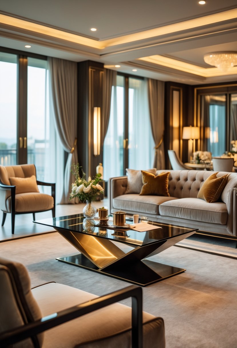 A luxurious living room with a stylish coffee table surrounded by comfortable seating and warm lighting.