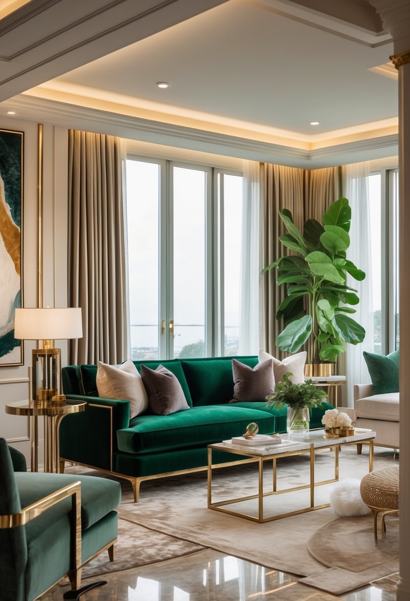 A living room with a green velvet sofa, brass side tables, soft rugs, large windows, and decorative plants.