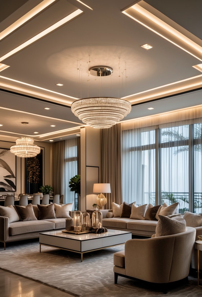 A spacious living room with elegant furniture and multiple light sources creating a warm and inviting atmosphere.