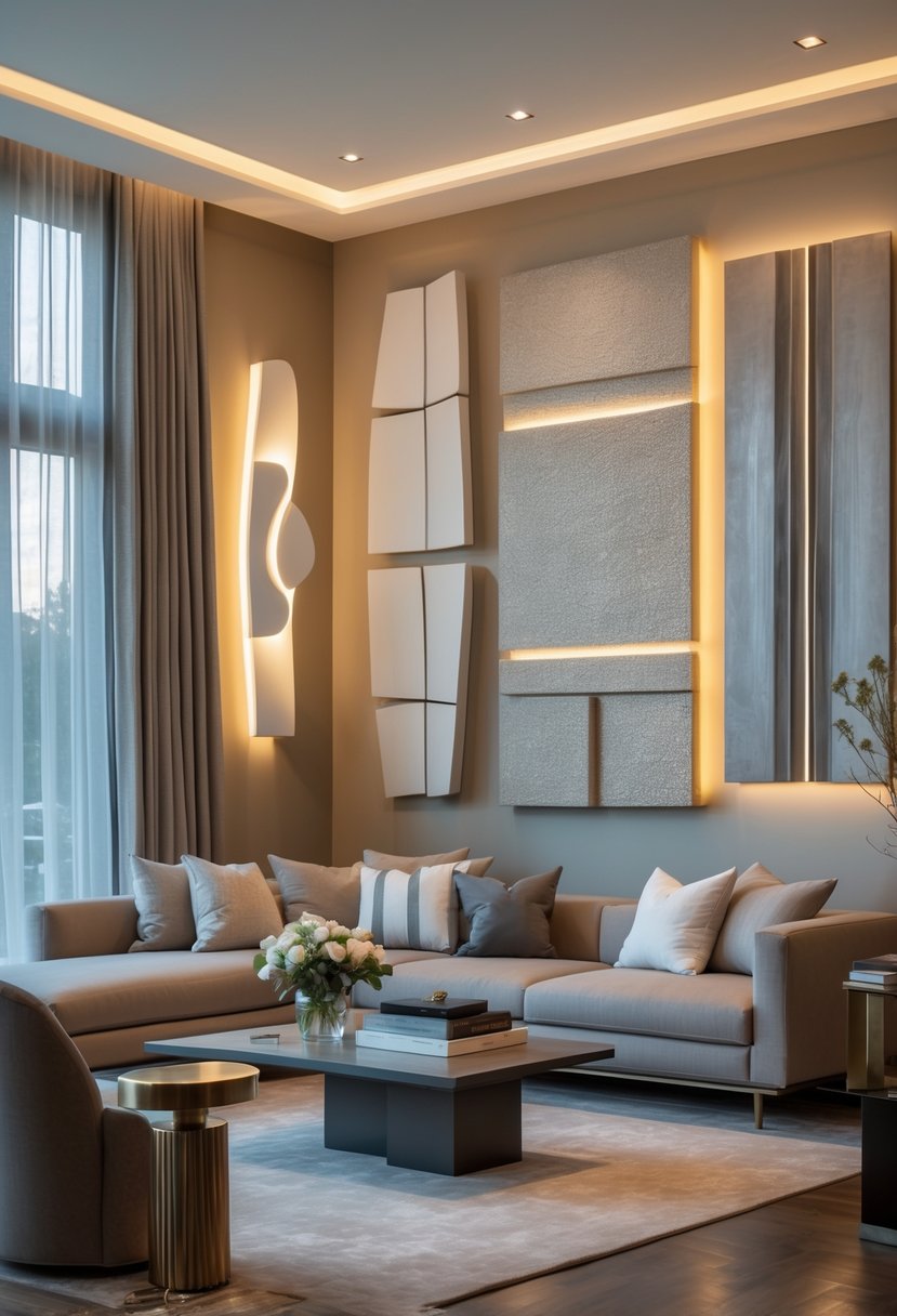 A spacious living room with modern wall lighting, abstract art on the walls, a sofa, coffee table, and decorative items.