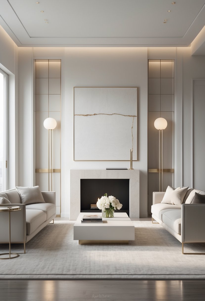 A spacious living room with a sofa, coffee table, large windows, and elegant decor creating a calm and upscale atmosphere.