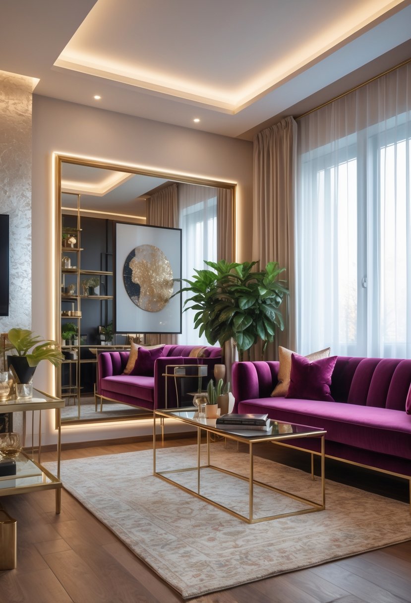 A small living room with a velvet sofa, glass coffee table, decorative plants, and large windows letting in natural light.