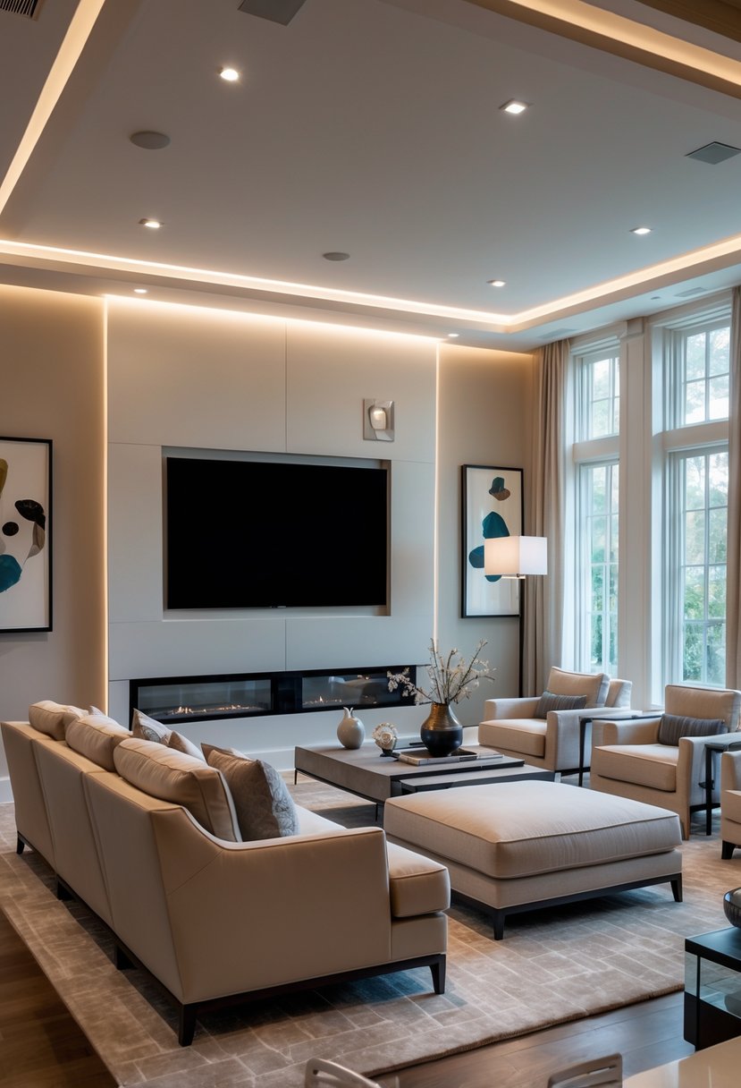 A living room with elegant furniture and a hidden TV integrated into the wall, illuminated by natural light from large windows.