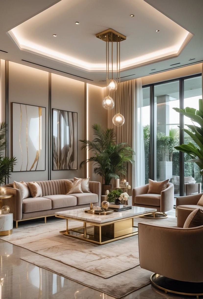 A living room with sofas, a coffee table, large windows, artwork, plants, and soft lighting.