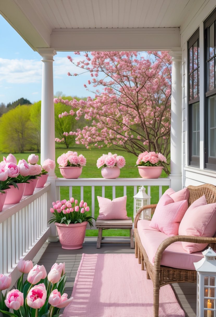 A porch decorated with pink flowers, cushions, and a small table with a vase of pink tulips on a sunny spring day.