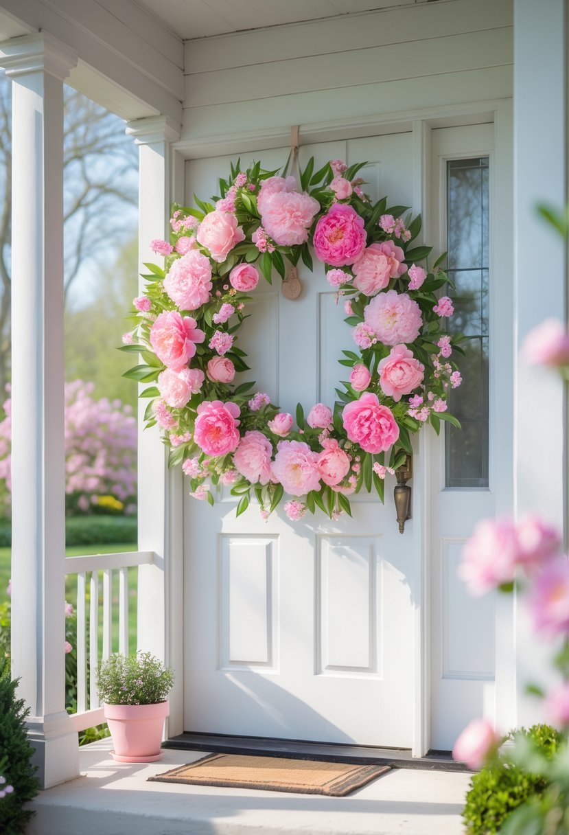A white front door with a pink floral wreath hanging on it, surrounded by spring plants and sunlight.