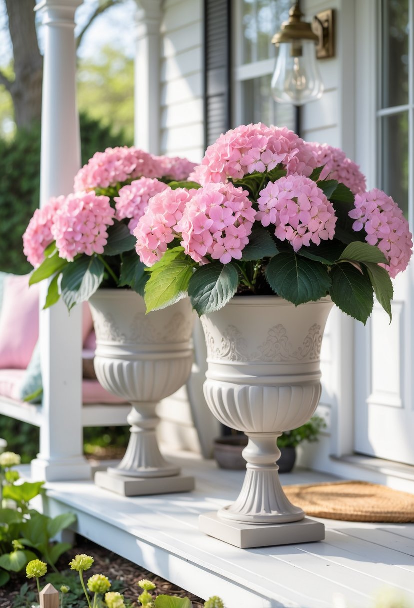 Two faux hydrangea planters with pink flowers on a white wooden porch decorated for spring.