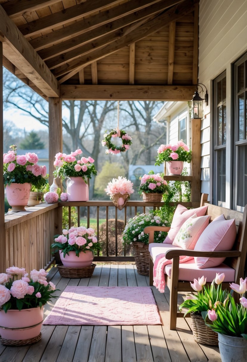 A cozy porch decorated with pink flowers, wooden bench, and green plants in natural sunlight.