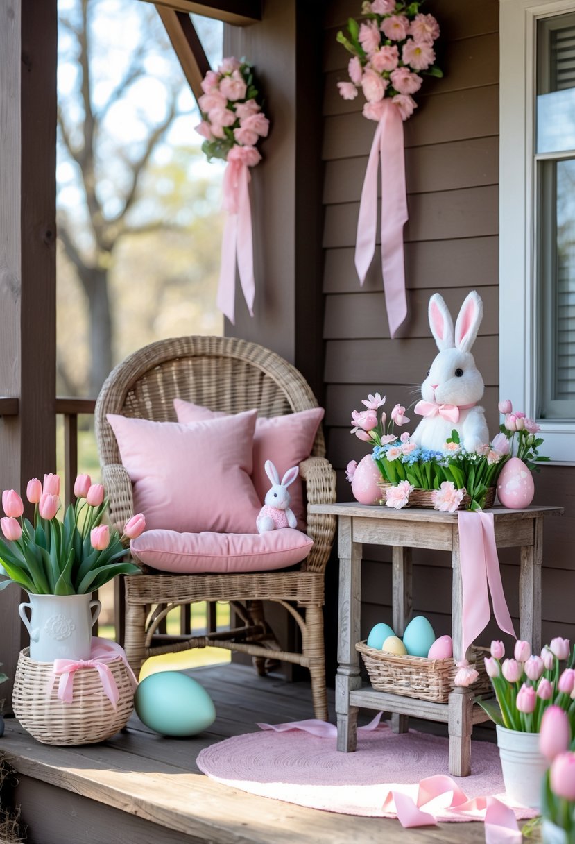 A spring porch decorated with pink cushions, flowers, Easter eggs, and a plush Easter Bunny figure.