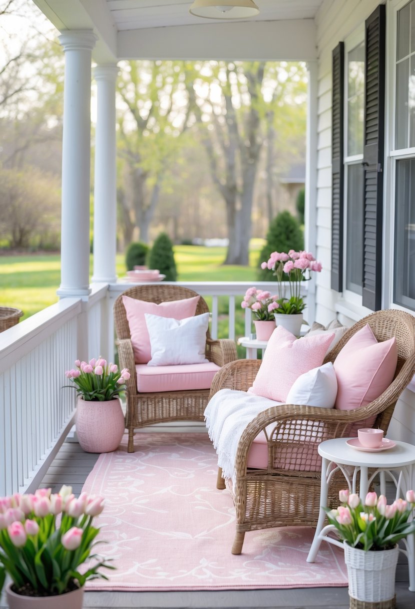 A cozy porch seating area with pink and white cushions, flowers, and greenery on a sunny spring day.