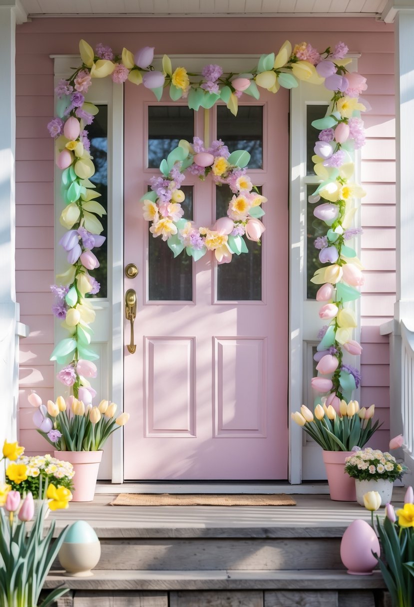A front porch with a pastel pink door decorated with a floral garland and spring flowers in pots around it.