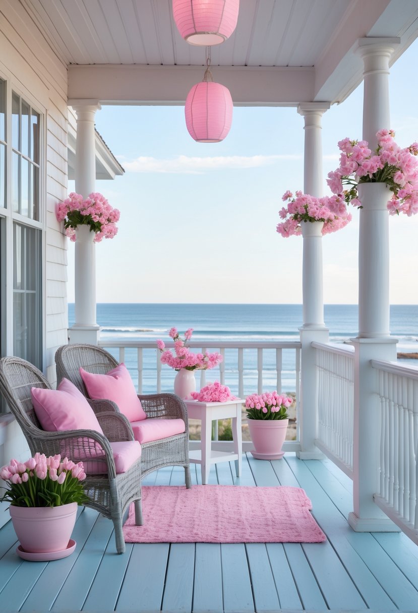 A coastal porch decorated with pink cushions, flowering plants, and seashells overlooking the ocean on a sunny day.