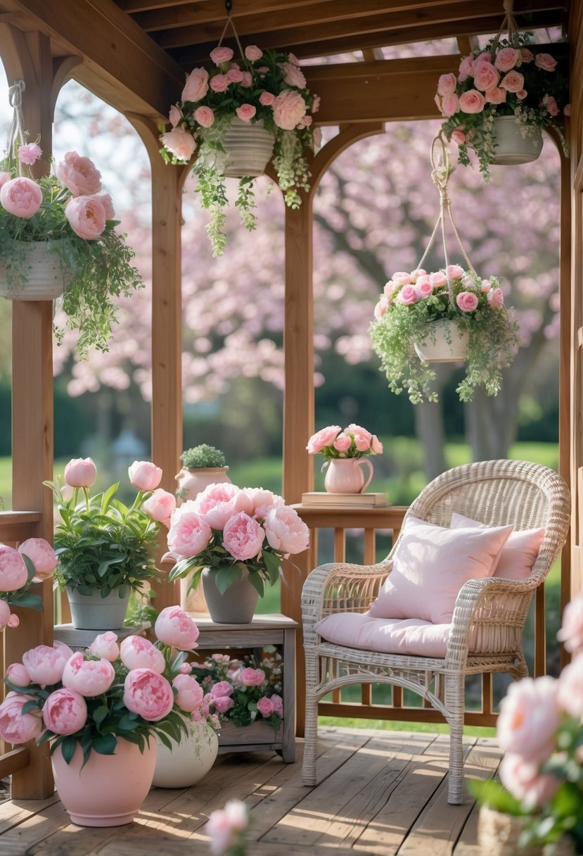 A spring porch corner decorated with pink flowers in pots and hanging baskets, wicker furniture with cushions, and a small wooden table with a vase of pink blooms.