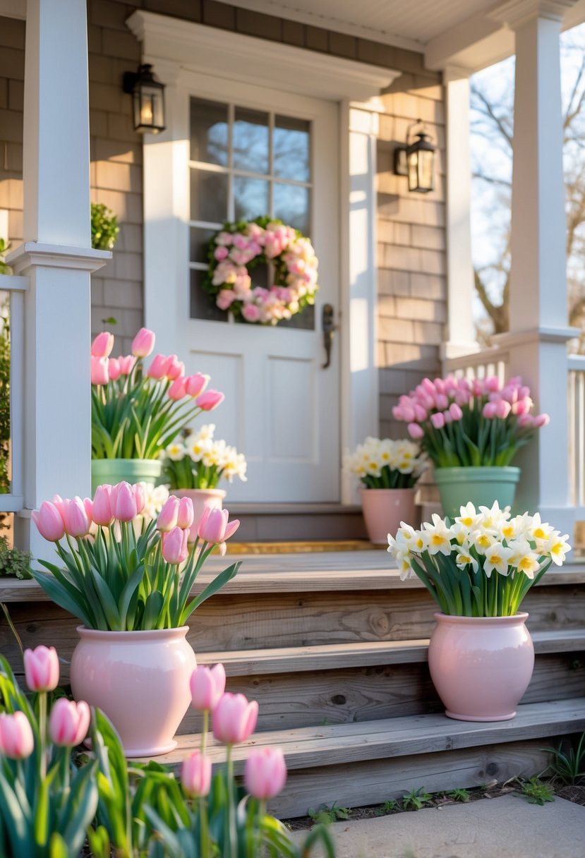 Front porch steps decorated with pink flowers and plants in springtime.