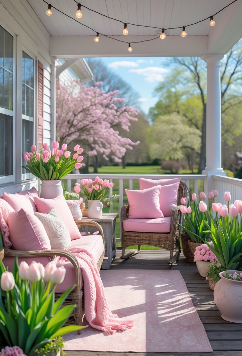 A spring porch decorated with pink cushions, flowers, and green plants on a sunny day.