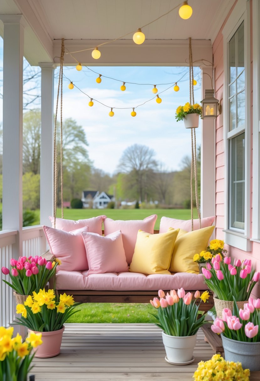 A sunny porch decorated with pink cushions, yellow pillows, and blooming pink and yellow flowers in pots.