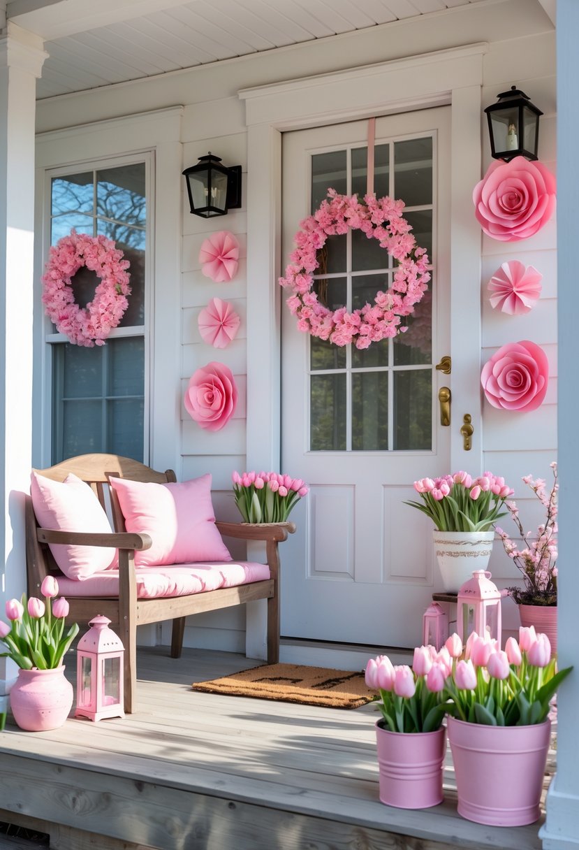 A spring porch decorated with pink cushions, floral wreaths, paper flowers, and fresh pink blooms, creating a warm and inviting atmosphere.
