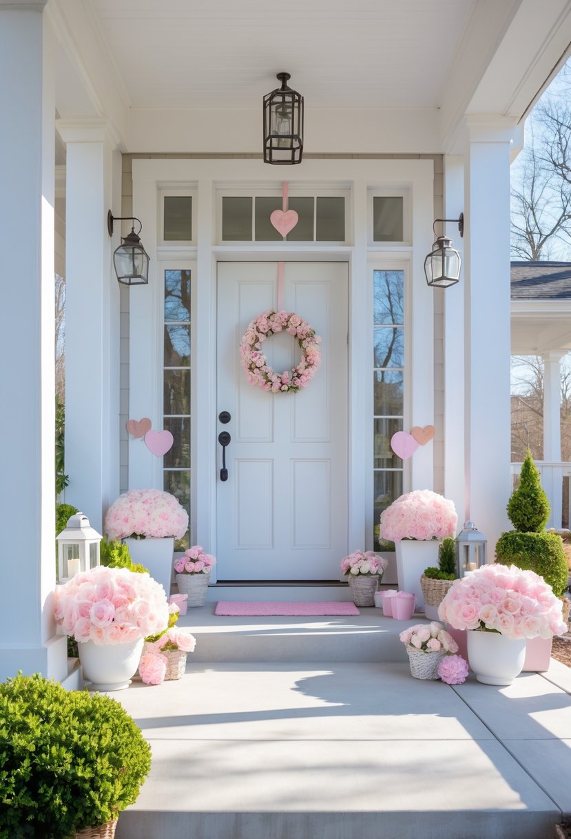 A bright porch entryway decorated with pink flowers, greenery, and spring-themed decorations.